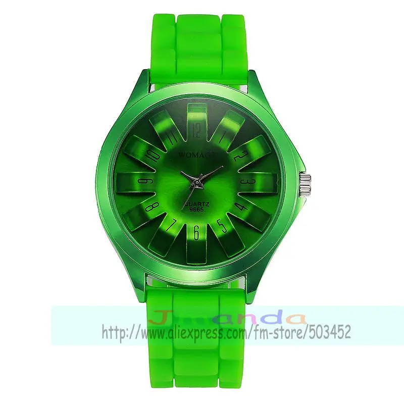 100 шт./лот Womage-9665 Хризантема дизайн модные силиконовые часы красочные пластины сумасшедшие продажи резиновые кварцевые часы для унисекс - Цвет: green