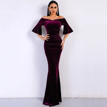 

Spring 2019 Dress Sexy Celebrity Backless Half Slash Neck Women Fashion Body con Flare Sleeve Night Club Party Dresses Wholesale