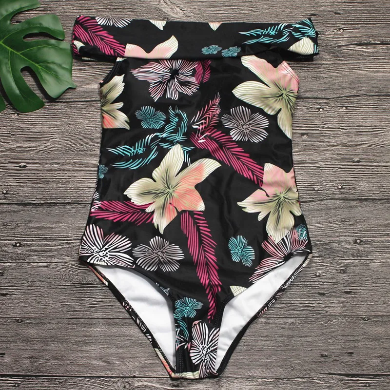 2018 New Women Swimwear Sexy Off Shoulder One Piece Swimsuit Printed
