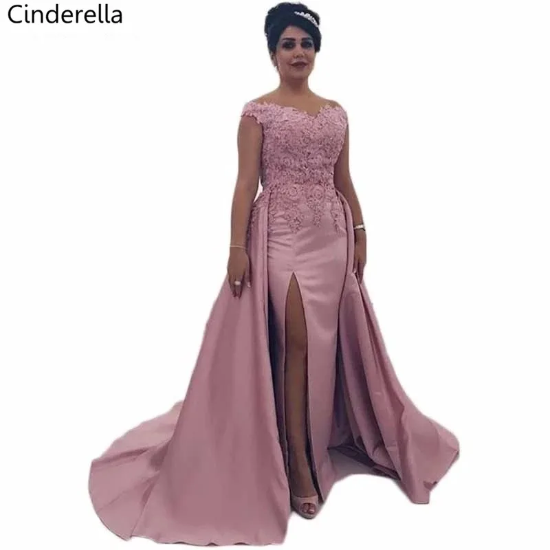 

Cinderella Pink V-Neck Off The Shoulder Side Slit Zipper Back Satin Lace Appplique Evening Dresses Sexy Lace Evening Dresses