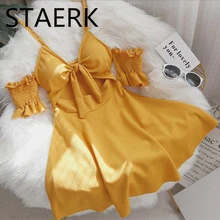 Женский желтый купальник с юбкой, Женский цельный комплект бикини, Пляжное платье, купальный костюм, танкини, женский купальник