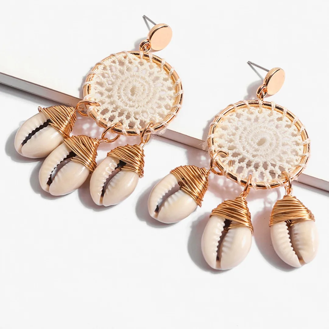 Women Statement Rattan Shell Earring Hand Made Weave Net Shape Dream Catcher Long Earring Vintage Earrings 2019 Pendientes Mujer
