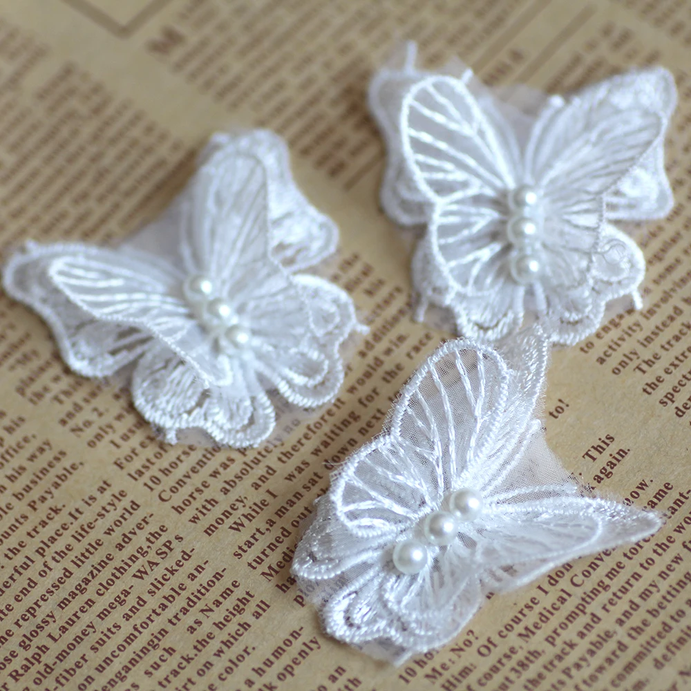 10/50pcs Butterfly White Lace Flower Applique Lace Trim With Beads For