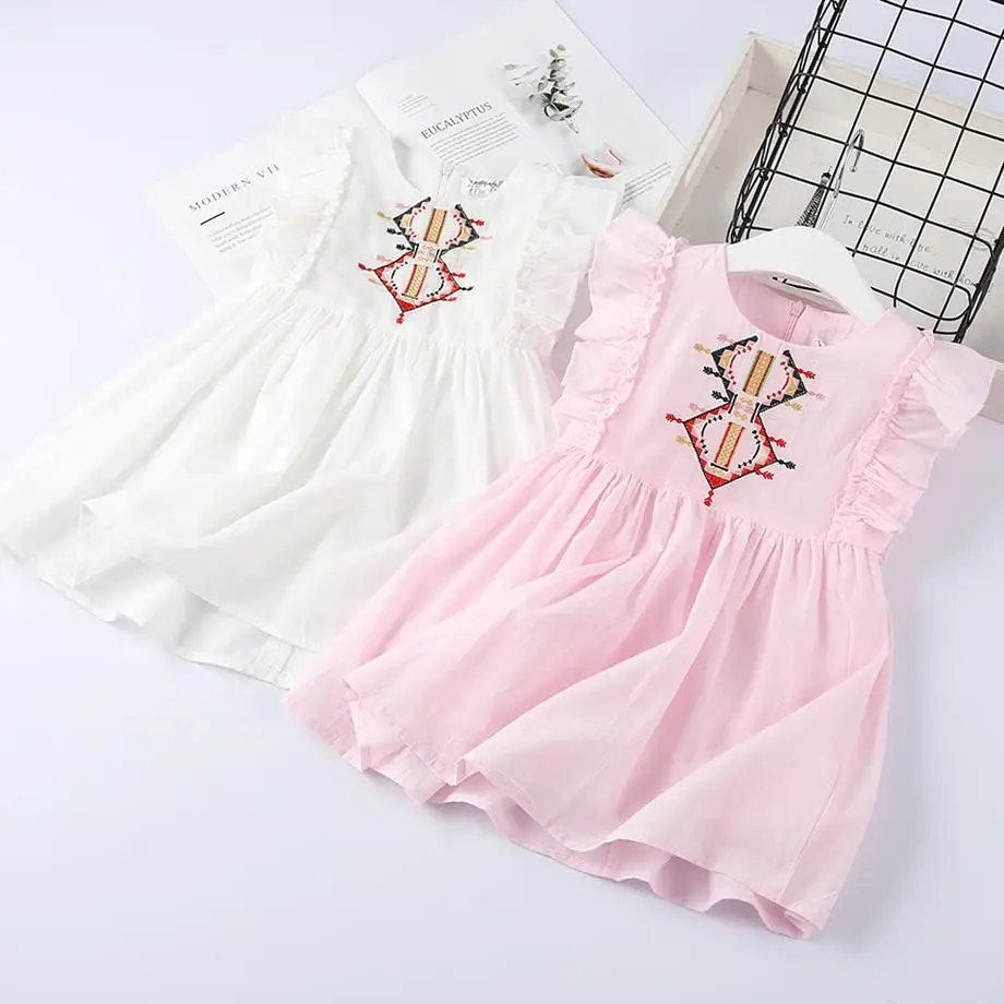 

Summer 2019 high quality embroidery geometric children dress fly sleeve dresses for girls princess party dress baby girl clothes