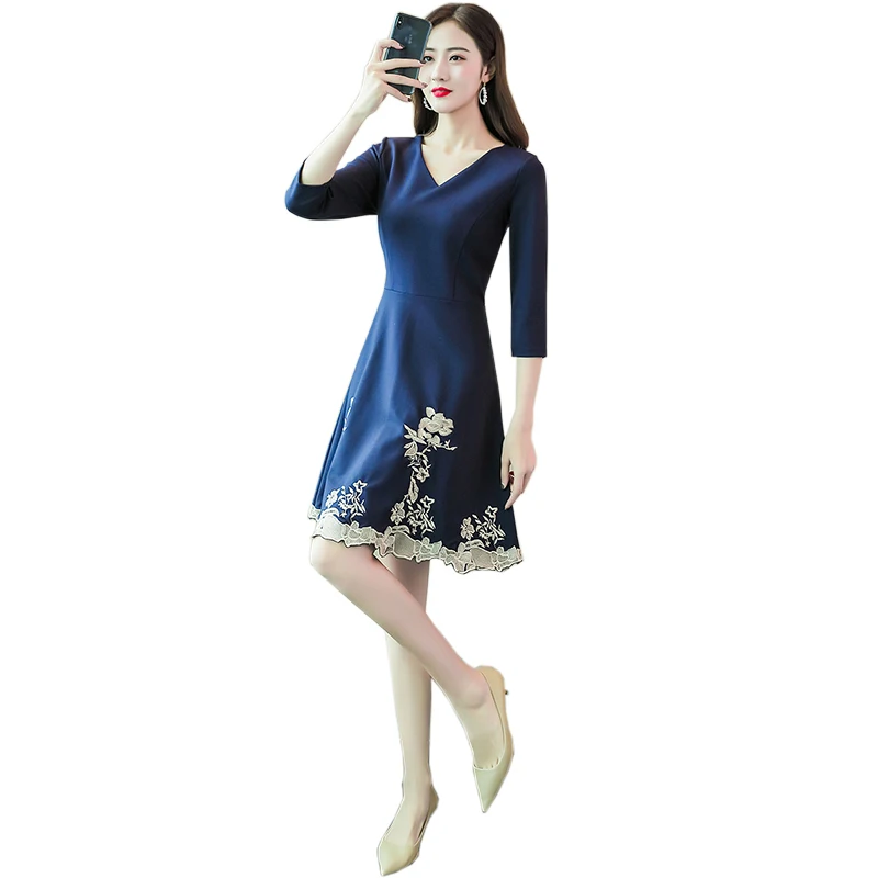 

High quality Elegant Dress Women 2019 Spring New Fashion Sexy V-neck Slim Embroidery flowers Knee-Length dress female Plus size