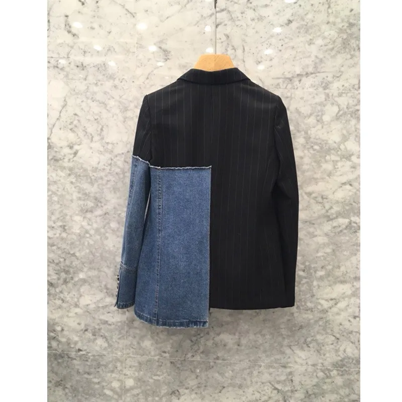 2018 Autumn Long Sleeve Women Denim Jacket Casual Jeans Patchwork Coat Asymmetrical  Top Lady Striped Coat