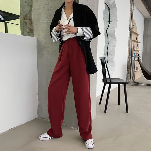 Женские свободные брюки с высокой талией Pantalon Femme черные винно красные полной