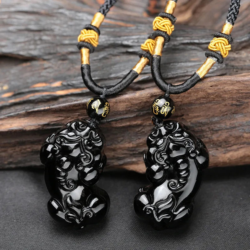 

High Quality Natural Black Obsidian Carving PIXIU Amulet Fortune Pendant bead necklace Fashion Women Men Jewelry Free Rope