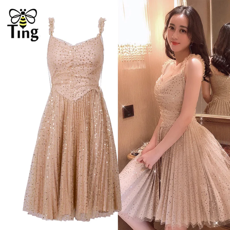 

Tingfly Sweety Gilr Sequined Strap Mini Dress Fashion Mesh Short Party Dresses Summer Sequins Pleated Vestidos Casual Dress