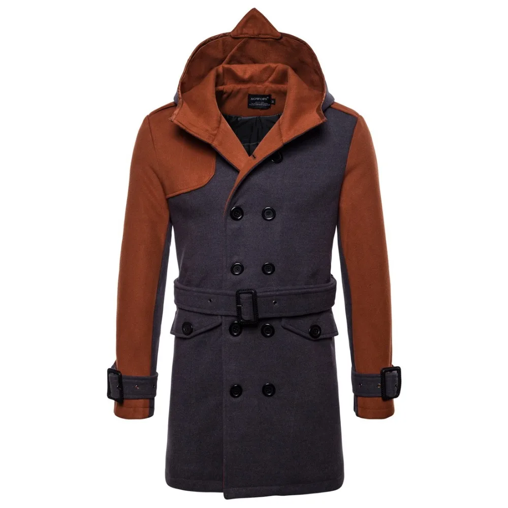 

2018 New Arrival Men's Thicken Stitching Color Jackets High Quality Men Lapel Double-breasted Hooded Woolen Coat for Male