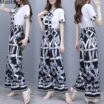 

2019 Summer Printed Two Piece Sets Women Plus Size Short Sleeve Bow Tops And Wide Leg Pants Suits Elegant Office Ladies Sets