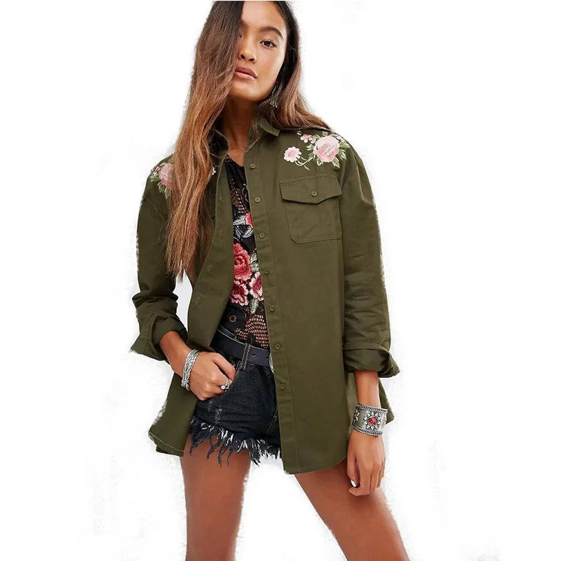 2016 Fashion Women Military Jacket Coat Army Green Floral Embroidery