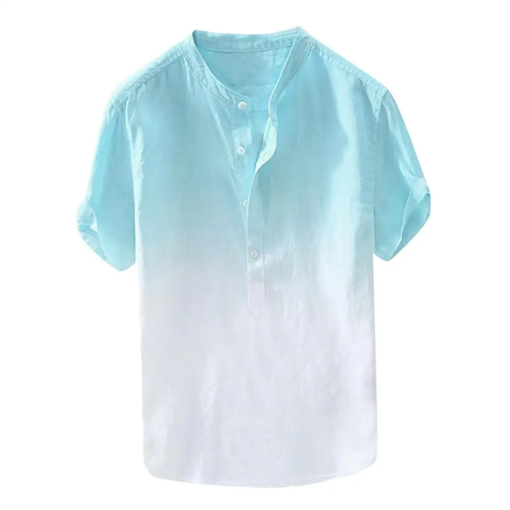 Harajuku Лето для мужчин прохладный и тонкий дышащий Стенд воротник Градиент Хлопок льняная рубашка повседневное короткий рукав блузка для м - Цвет: Синий