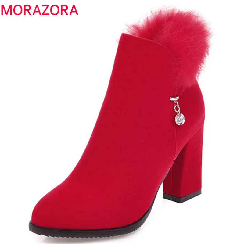 

MORAZORA 2020 Newest fashion shoes woman flock autumn winter ankle boots zipper elegant party wedding shoes high heels boots