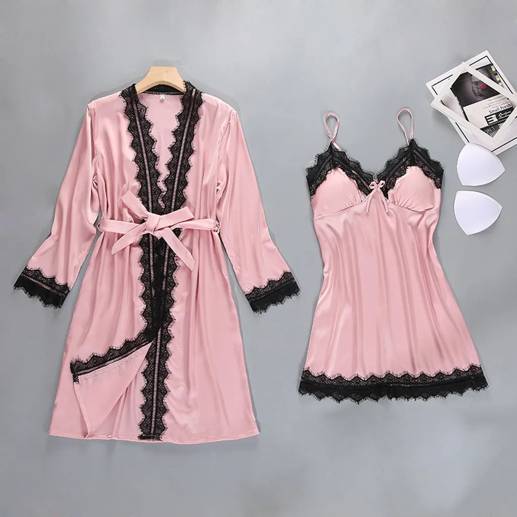 

2019 Women BathRobe Set Summer Long Sleeve Sexy Night Robe Lace Plus Size Sleepwear Robe Set Wimen Sleep Beach Spa Clothes Long