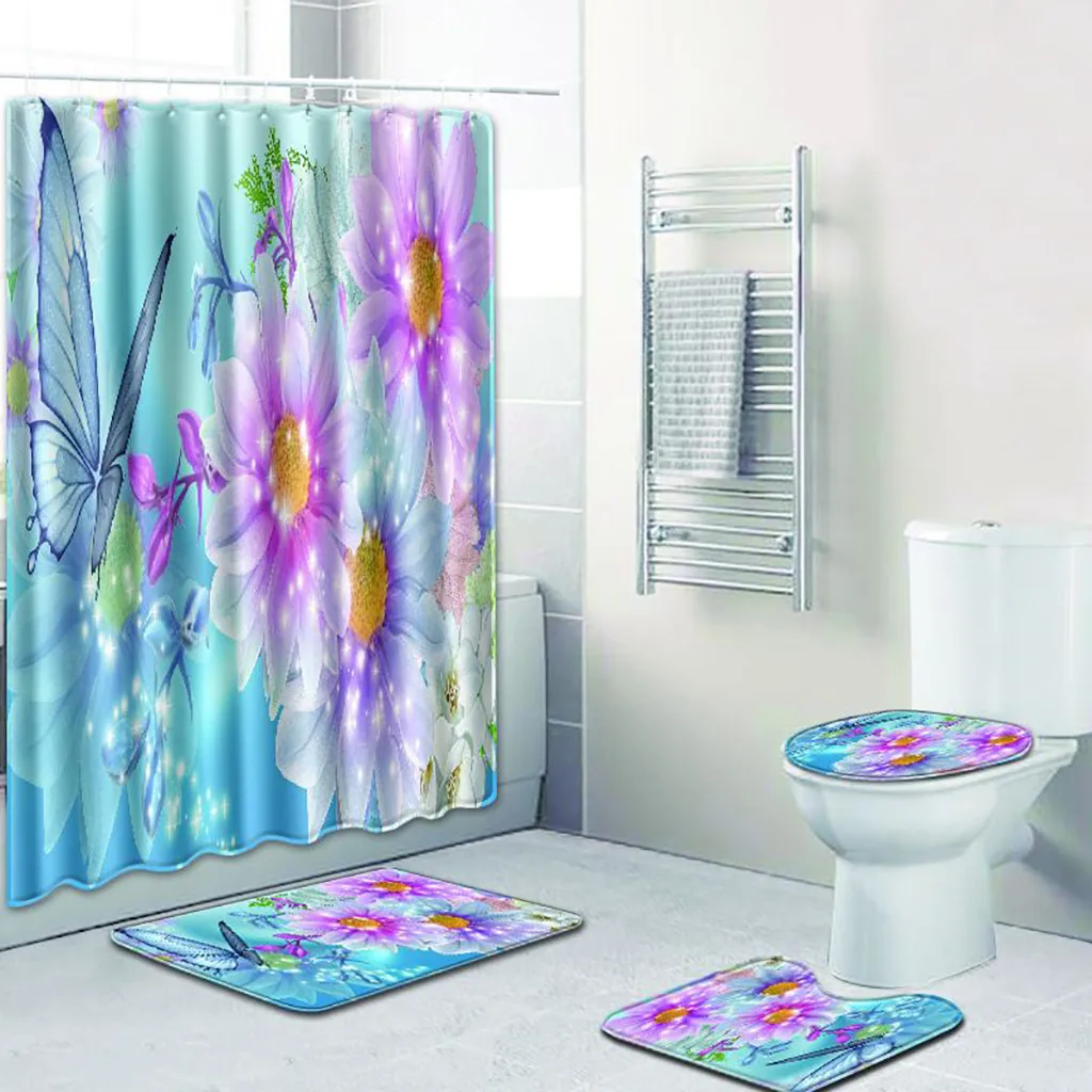 Bathroom Set 4PCS Butterfly Non Slip Toilet Polyester 