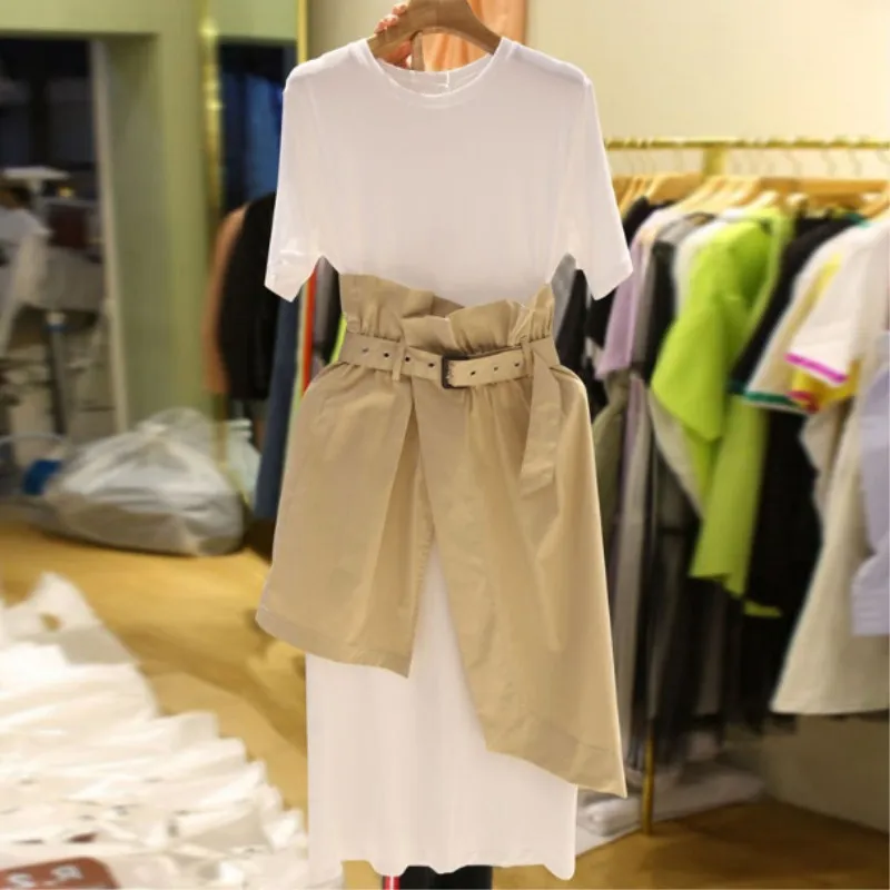 

2019 Spring and Summer Short Casual Dress Two Suits A-Line Solid Sashes Women Dress Elegant Cotton Dress