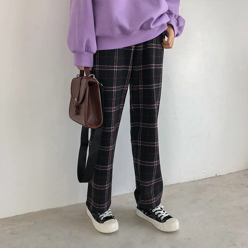Baratos 2019 mujeres coreanas Kawaii Ulzzang Loose Plaid salvaje más terciopelo nueve pantalones estudiantes casuales femenino lindo japonés Harajuku