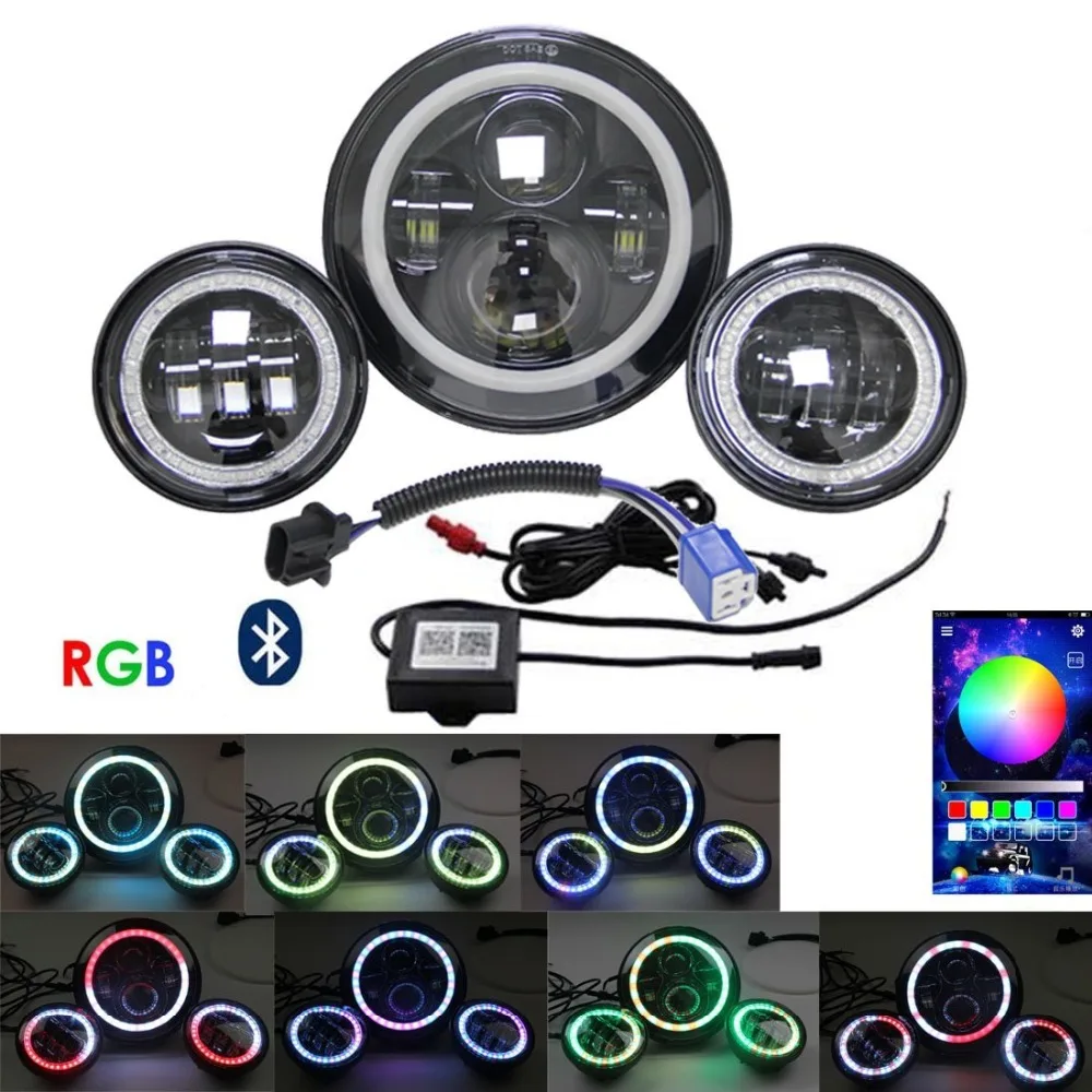 

7Inch+4.5" Round Project LED Headlights RGB 7" Bracket H4 For Harley Motorcycle Adapter Ring Bluetooth Phone APP Control