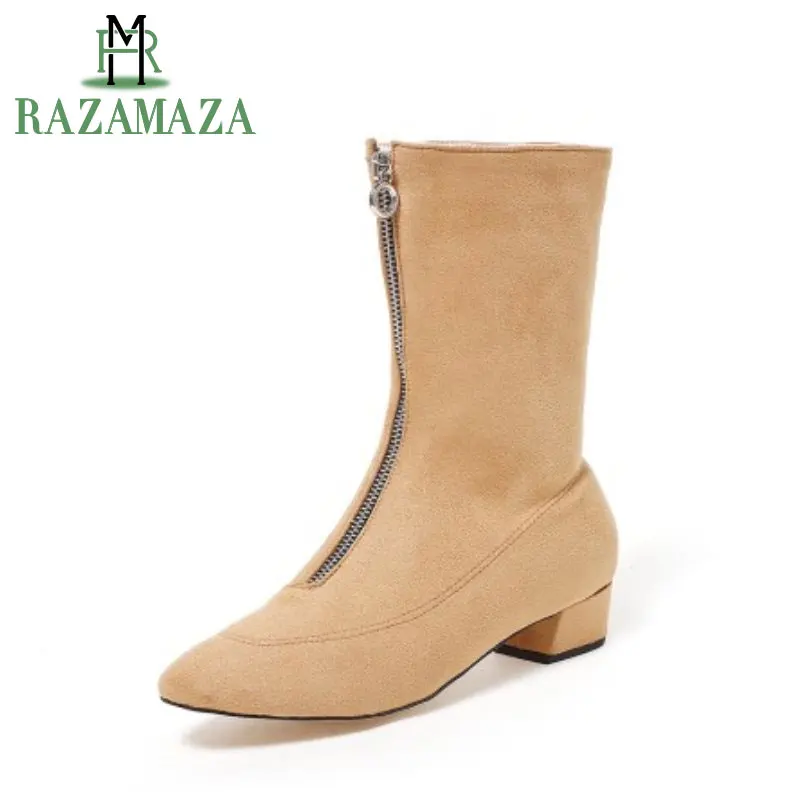 

RAZAMAZA Size 33-43 Women Mid Calf High Heel Boots Women Zipper Fur Short Boots Winter Warm Shoes Snow Botas For Woman Footwears