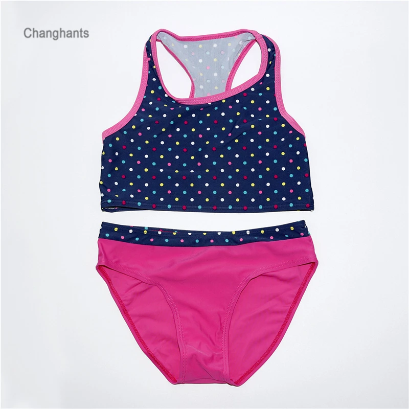 New Model 2 8 year old Girls two pieces Swimwear Blue with Dots & Pink
