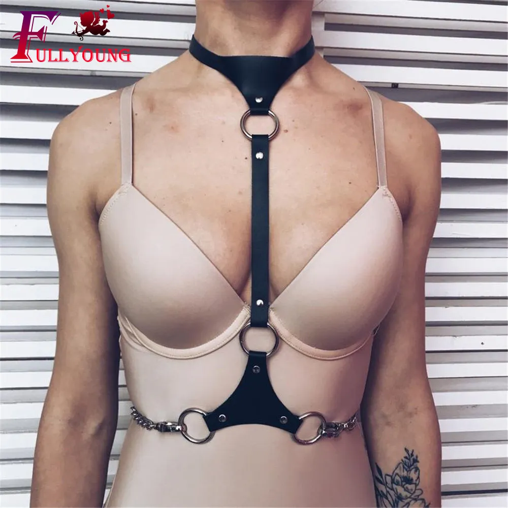 

Fullyoung Sexy Women Neck Choker Underwear Leather Harness Bustier Corset Lingerie Belts Black Slim Suspenders Straps Buckle Top