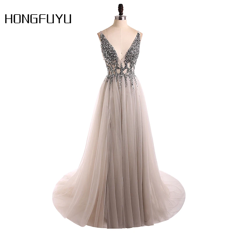 Goedkoop Sexy Avondjurk 2020 V hals Kralen Open Back A Line Lange Avondjurken Party Vestido De Festa Hoge Split Tulle prom Jassen