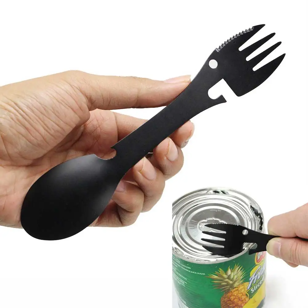 Protable Outdoor Survival Multifunctional Spoon Fork Bottle Opener Camping Equipment Cookware Multi Tool Pocket Tourism Hiking