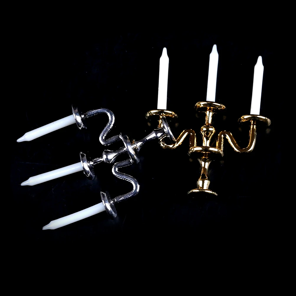 1//12 Scale Miniature Gold Candelabra 5 White Candles Dollhouse Kitchen toy GN