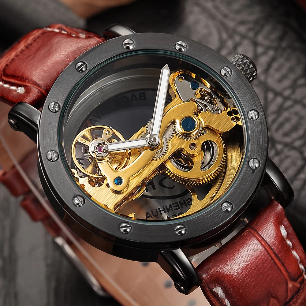 SHENHUA Новые Мужские автоматические механические часы лучший бренд класса люкс мужские черные кожаные механические часы с ремешком Relogio Masculino