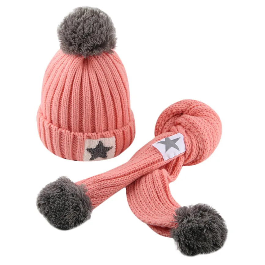 Для детей 2-8 лет, шапка+ шарф для малышей, для девочек и мальчиков, зимняя вязаная шапка, вязаная шапочка, помпон, набор из шапки и шарфа, Sep#2