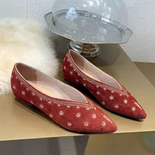 Kmeioo невысокие плоские туфли женские балетки с острым носком; обувь на плоской подошве с вышивкой повседневная обувь с острым носком