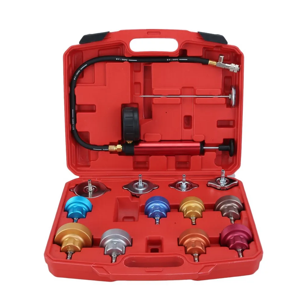 

Newest 15PCS Car Cooling System Leakage Detector Radiator Pressure Tester Auto Water Tank Leaking Repair Garage Tool Kits