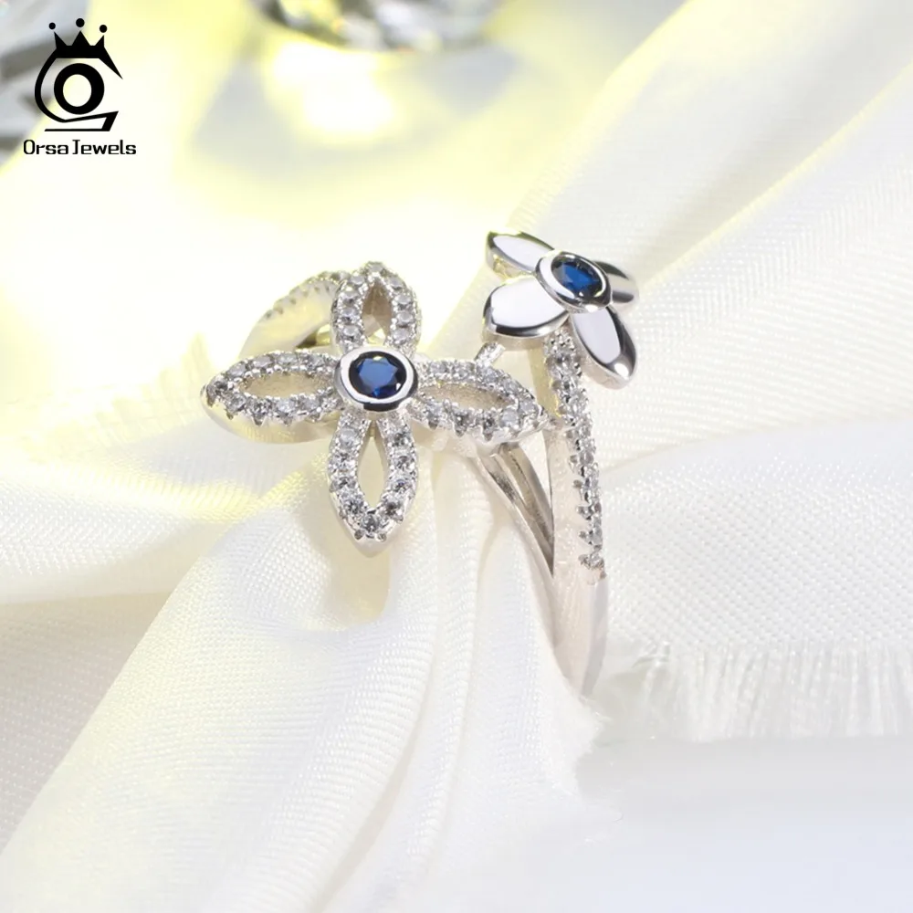 ORSA JEWELS Female's Rings Double Flowers Design AAA Blue Cubic Zirconia Fashion Ring Jewelry For Party OR45