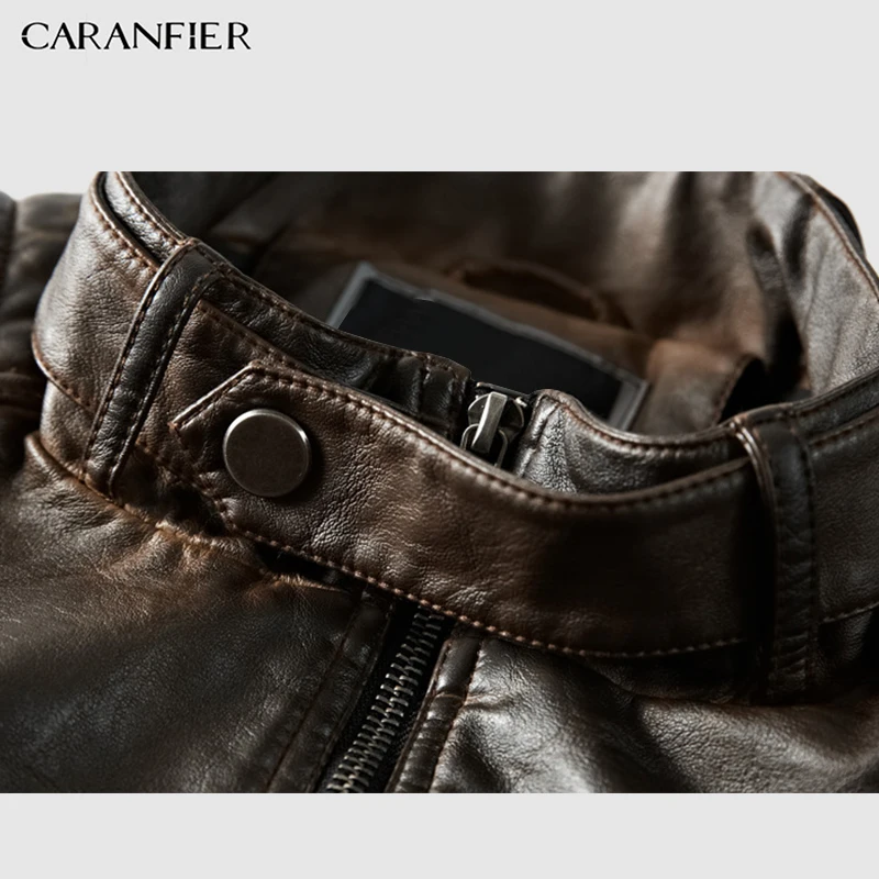 Мужские кожаные куртки CARANFIER высококачественное зимнее винтажное мотоциклетное