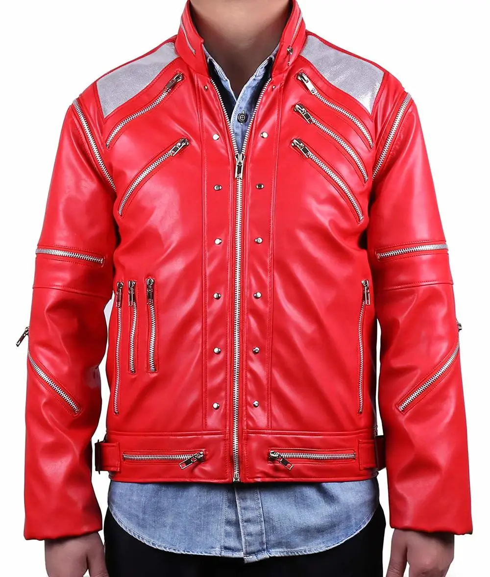 

Rare PUNK Rock Motorcycle Classic MJ MICHAEL JACKSON Costume Beat it Red Zipper Jacket Fans Imitator Best Gift