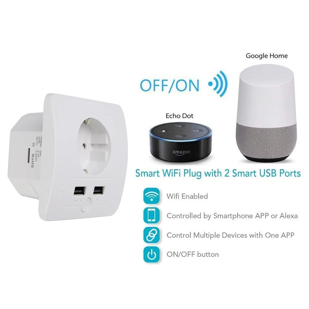 Штепсельная розетка Alexa совместимая с европейской розеткой Wi Fi 2 usb порта для