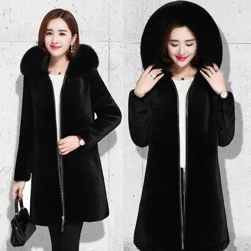 Women Clothes Hooded Large Fur Collar Faux Fur Sheep Shearing Coat Female Long Section Winter Thick Plush Coat Women Coat