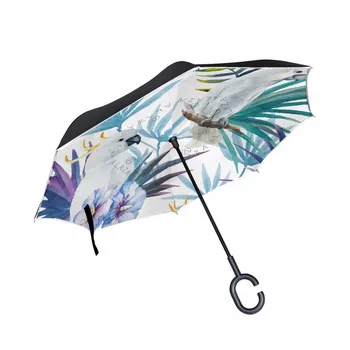 

Parrot Drawing Double Layer Reverse Umbrella Inside Inverted Upside Down Windproof Car Umbrella Self Standing