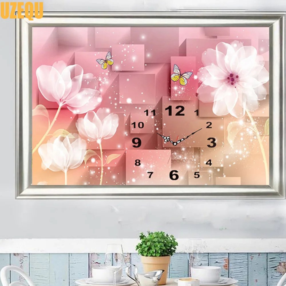 

UzeQu 5D DIY Diamond Painting Cross Stitch Flower Butterfly Wall Clock Full Diamond Embroidery Watch Diamond Mosaic Rhinestones