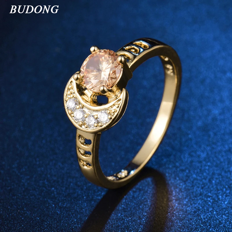

BUDONG Infinity Mother's Day Gift Rings for Women Moon & Sun Gold Color Light Yellow Cubic Zircon Wedding Jewelry XUR364