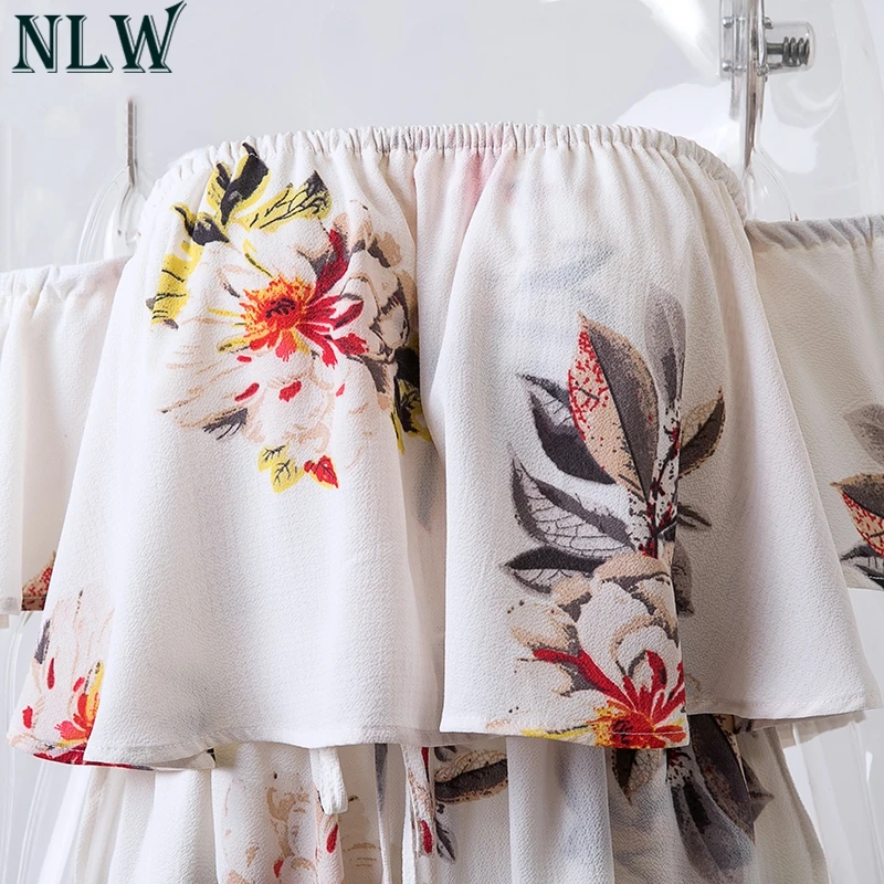 NLW Белый Boho комбинезон с принтом открытыми плечами и рюшами Летний шифоновый боди