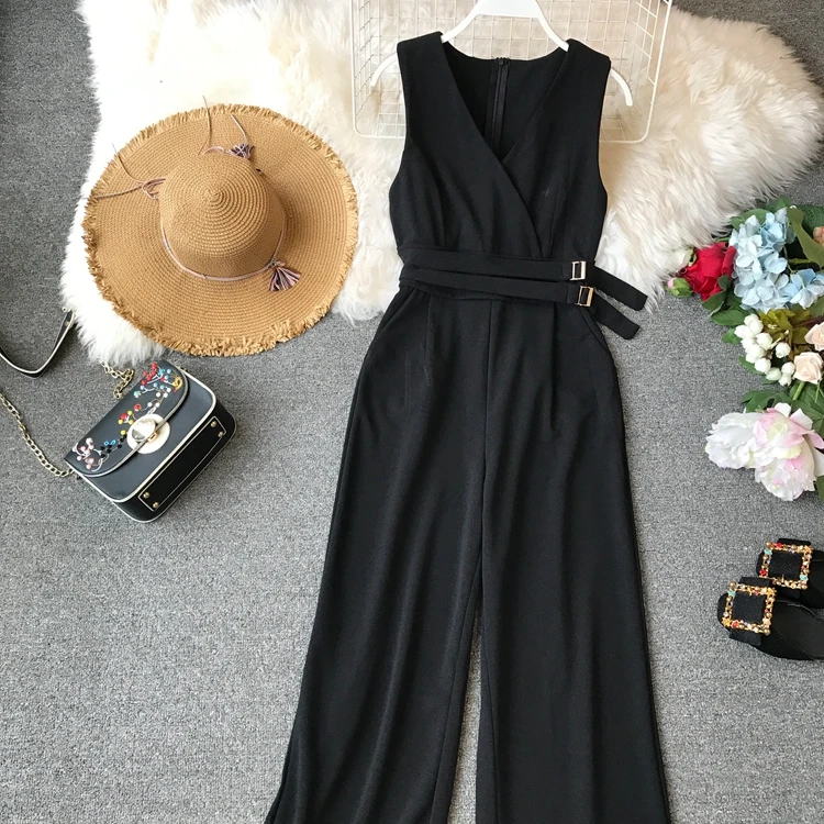 Sleeveless V-neck High Waist Sashes Wide Leg Jumpsuit