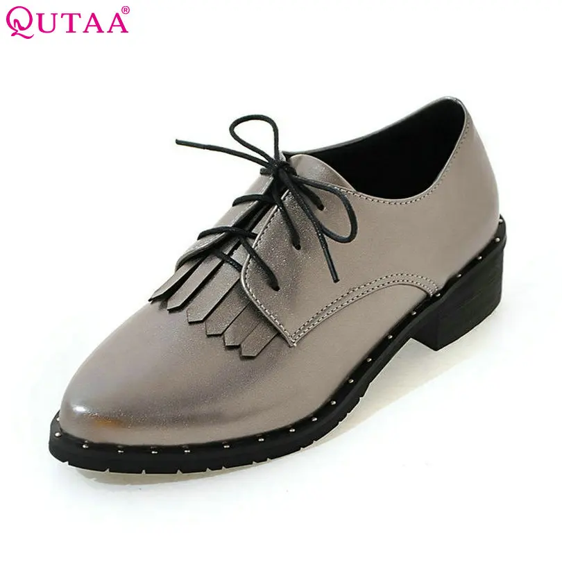 QUTAA 2017 Women Pumps Summer Lace Up Ladies Shoe Square Low Heel Tassel PU Leather Fashion