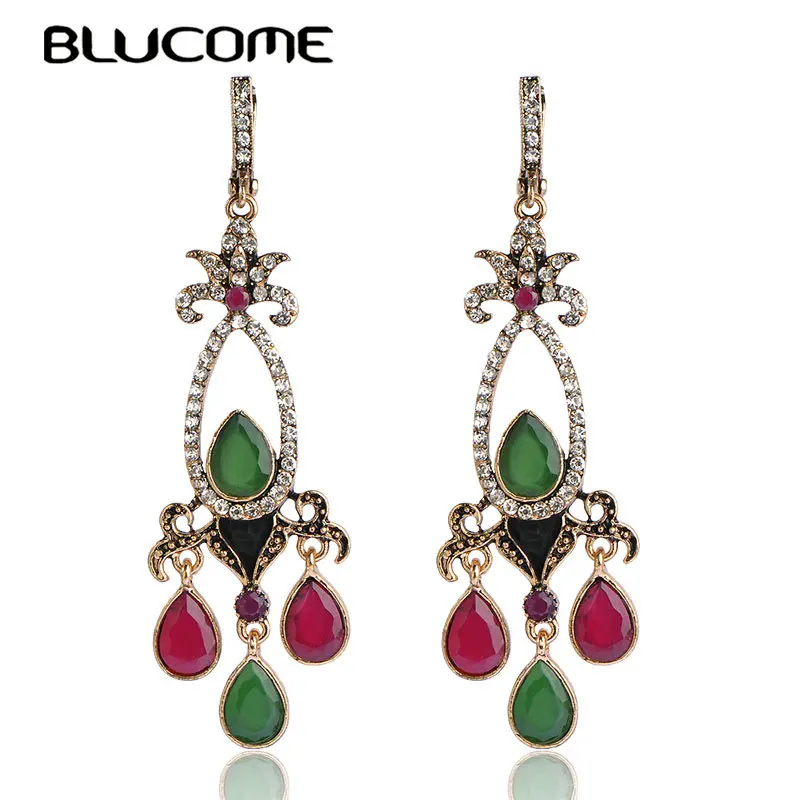 

Blucome Vintage Turkish Flower Long Drop Earrings Resin Crystals D Hooks Earrings For Women Lady Party Jewelry Ear Accessories