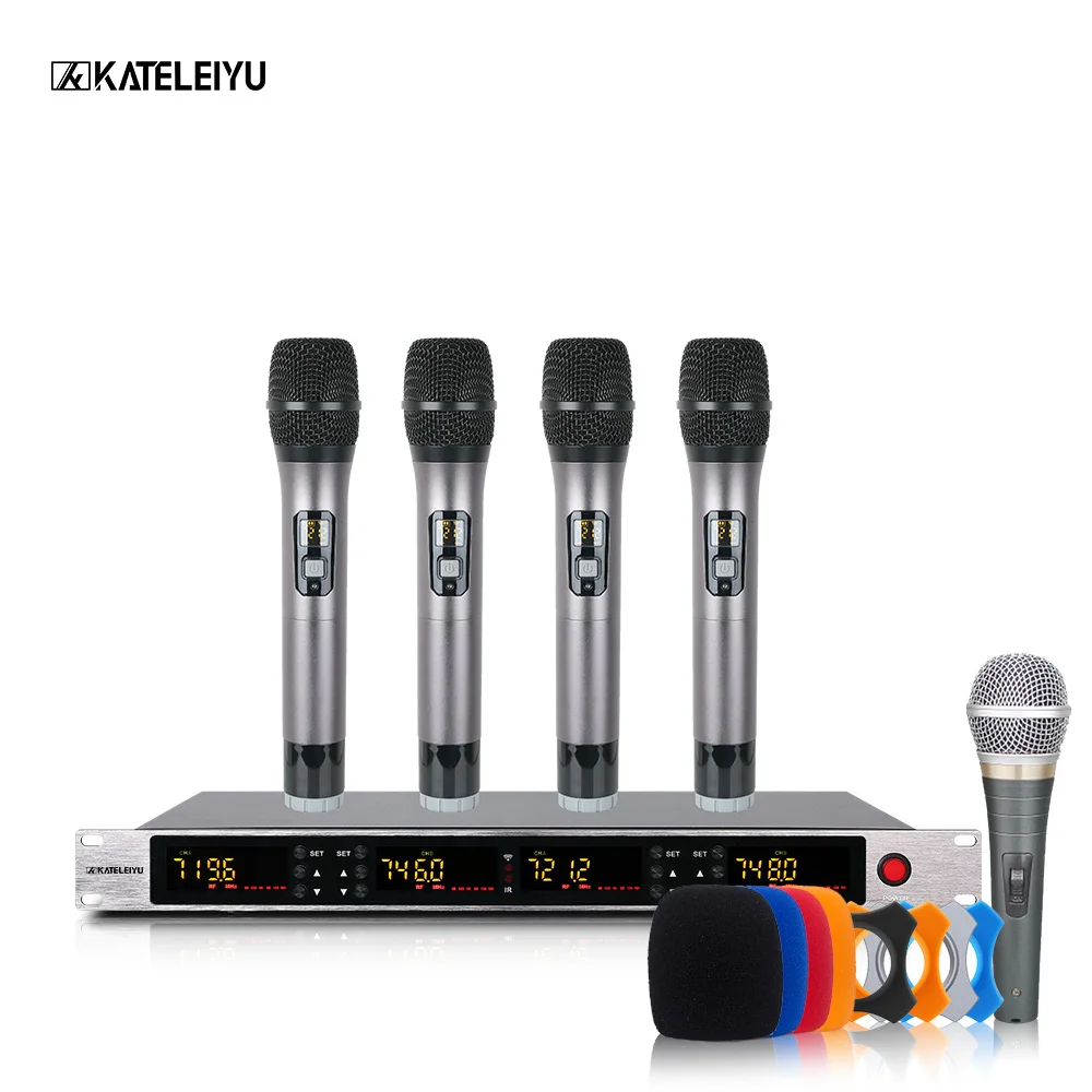 

UHF 4 handheld professional frequency modulation wireless dynamic microphone family party quality church singer karaoke intercom