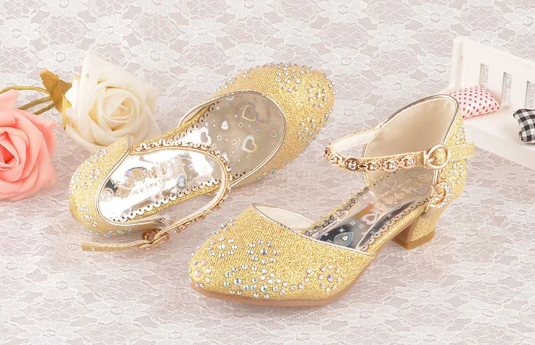 Новинка; обувь для девочек на высоком каблуке; Студенческая обувь принцессы со стразами; детская яркая танцевальная обувь; цвет розовый, золотой, белый, синий; C702