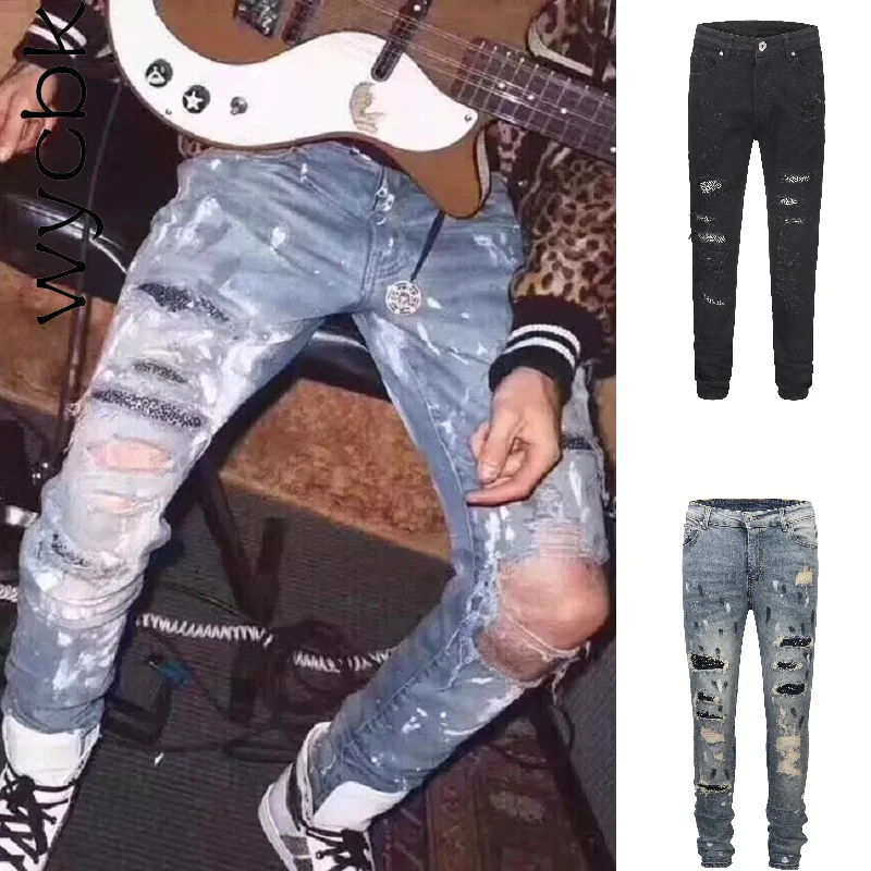 WycbkEuropean американской моды уличная Для мужчин джинсы скинни уничтожены Рваные джинсы сломанной панк брюки хип-хоп джинсы Для мужчин