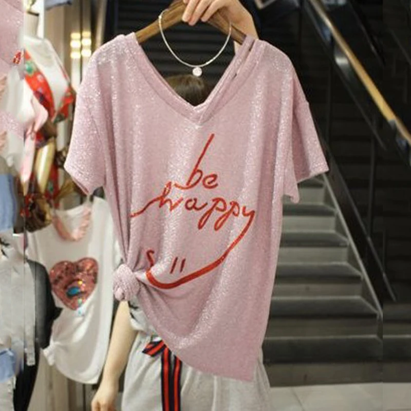 2017 Summer New Fashion Bright Silk T shirt font b Women b font V neck Letter