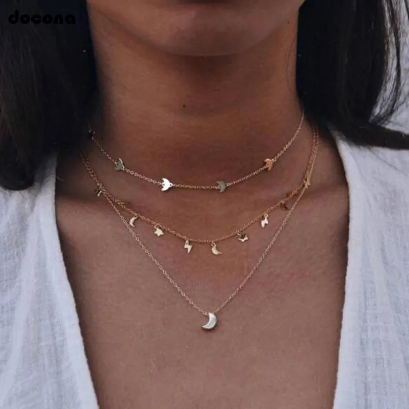 

docona Bohemian Gold Color Star Moon Lightning Multi Layer Necklace for Women Girl Long Chains Pendant Necklace Collares B03102